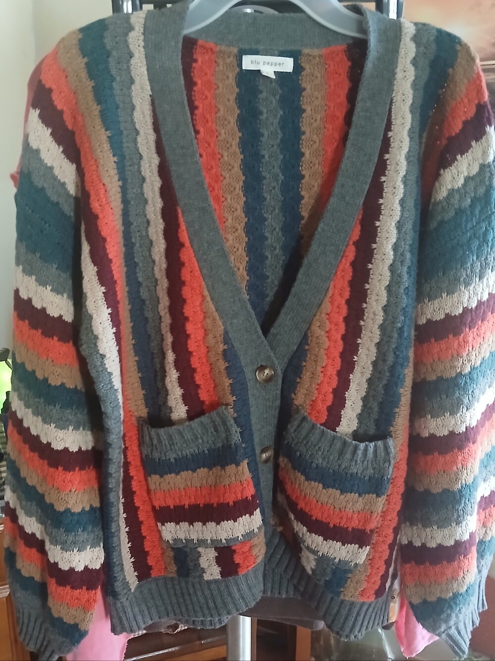 Blu Pepper Teal, Rust & Cream Striped Knit Cardigan
